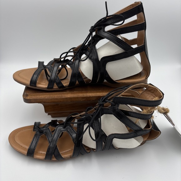 Green Casual Leather Flat Peep Toe Lace Up Black Sandals sz 7 M Leather - Picture 5 of 16